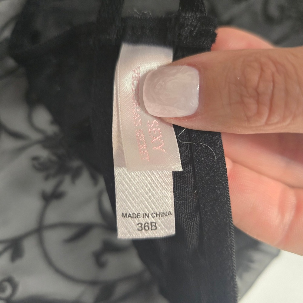 Victoria's Secret Very Sexy Black Floral Glitter Mesh Babydoll Slip 36B NO STRAP - Picture 4 of 5